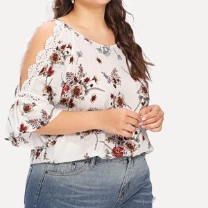 Plus Lace Trim Cold Shoulder Floral Top
